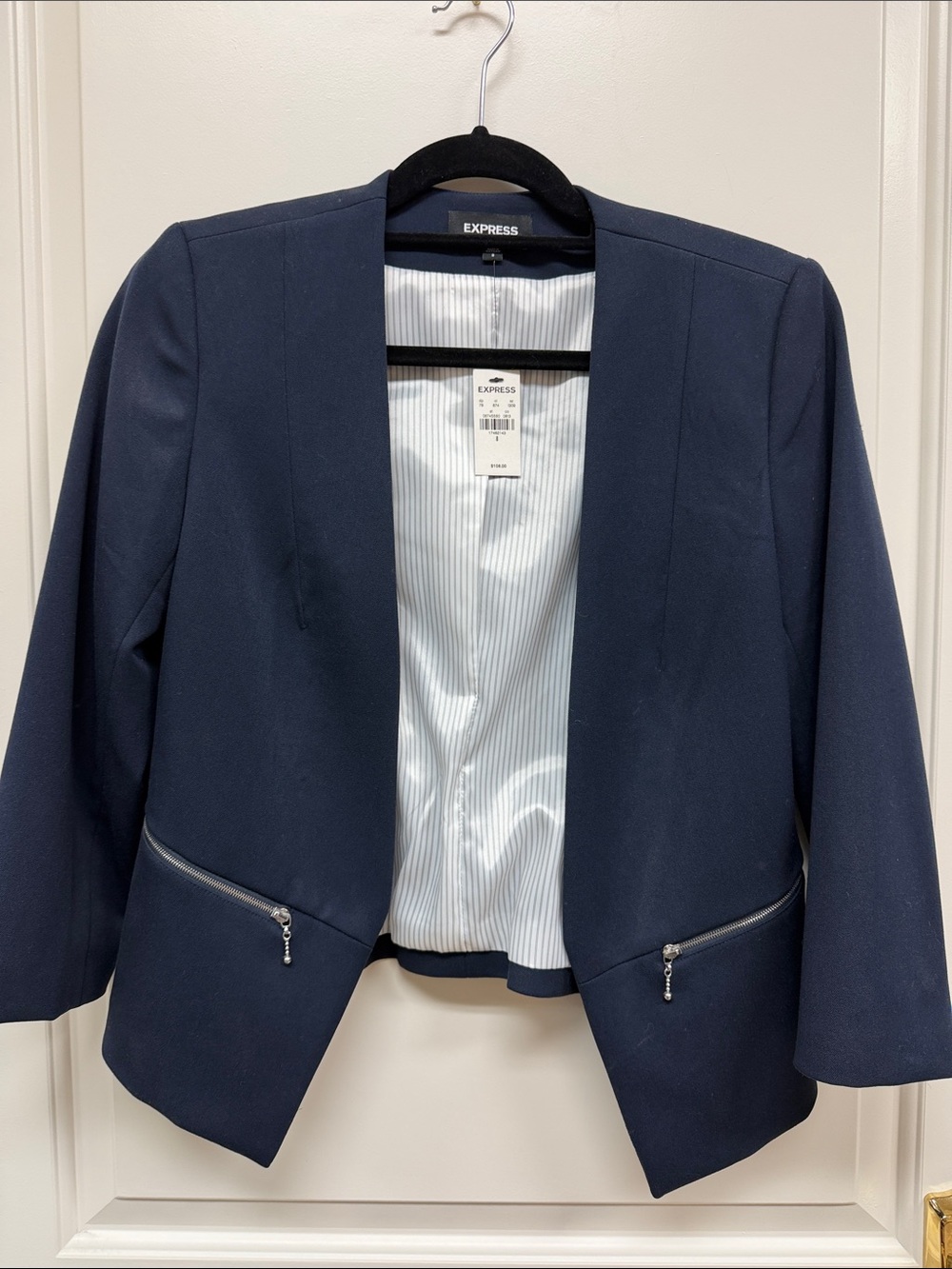 Express Navy Collarless Open-Front Blazer with Zip Pockets